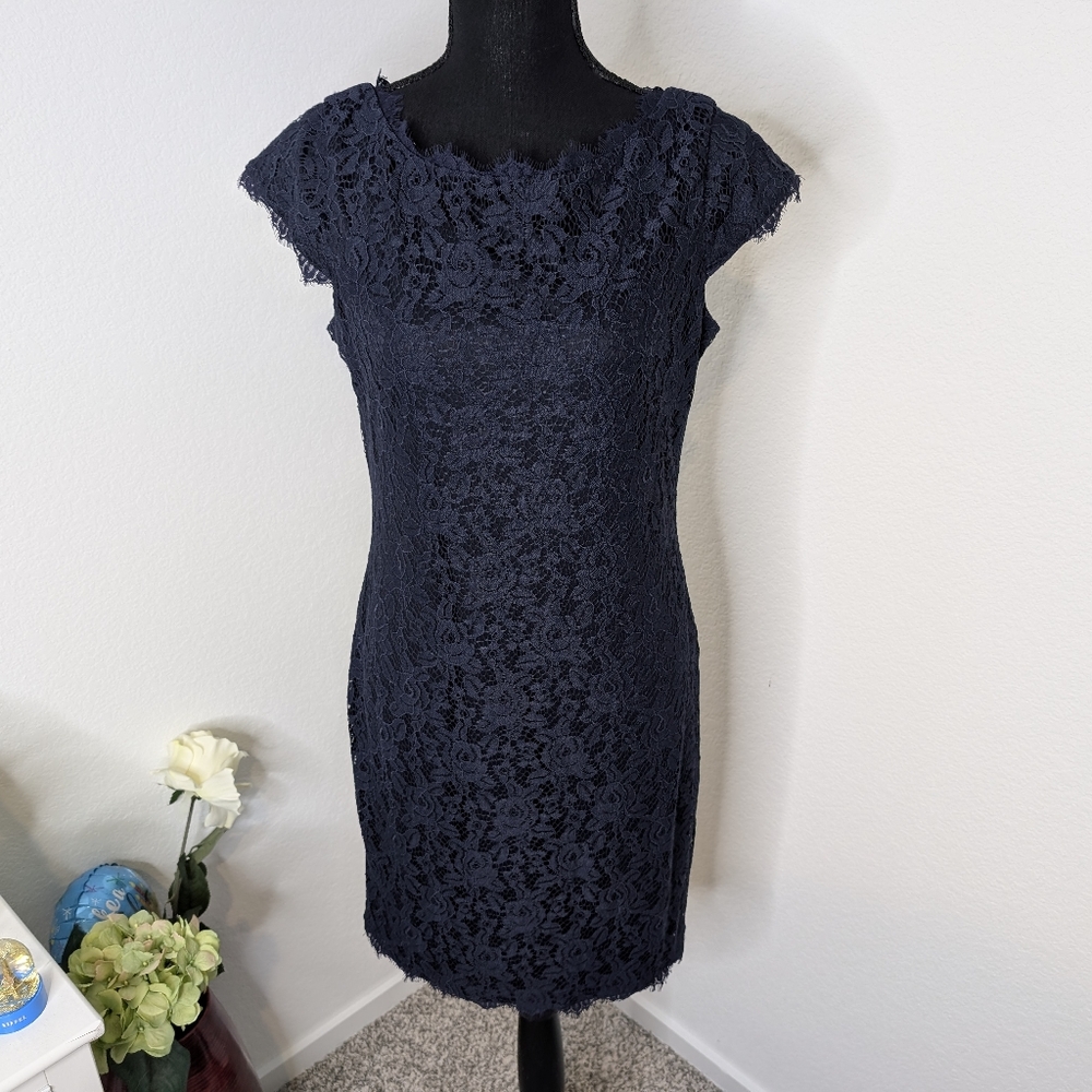 💘 Eliza J Cap Sleeve Lace Sheath Dress Navy 8 - Picture 3 of 7